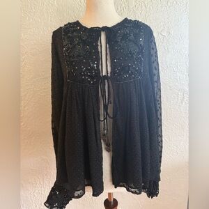 Zara Black Sequin Embellished Tie Front Long Sleeve Blouse